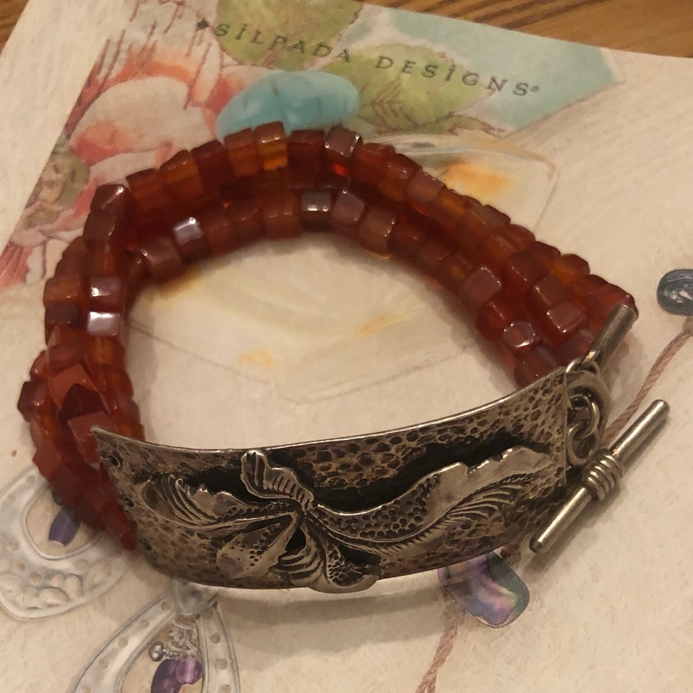 Rare Silpada Triple Strand Carnelian Sterling Silver Toggle Clasp Bracelet N0880